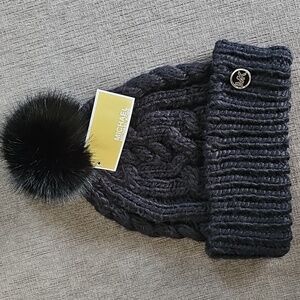 Michael Kors Women Cable Knit Cuffed Pom Pom Winter Beanie Black hat w Silver MK